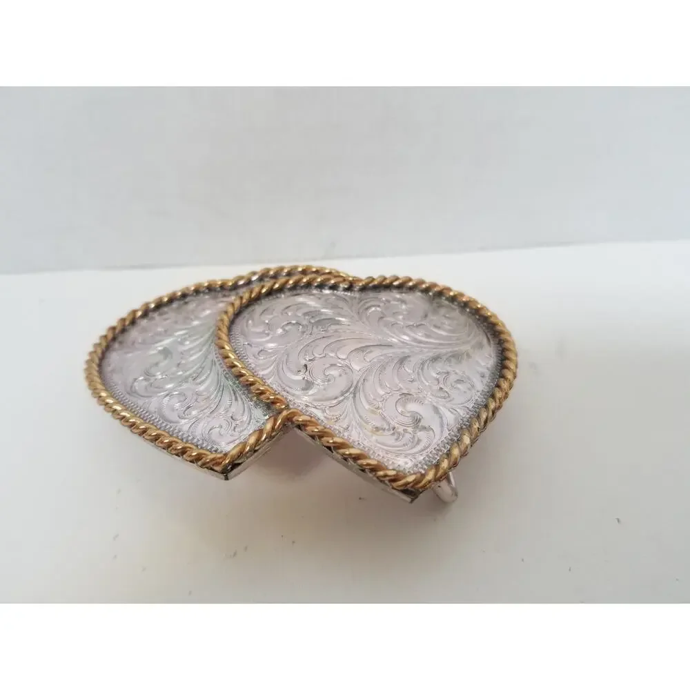 Montana Silversmiths Silver Gold Ornate Filigree Double Heart Buckle Vintage